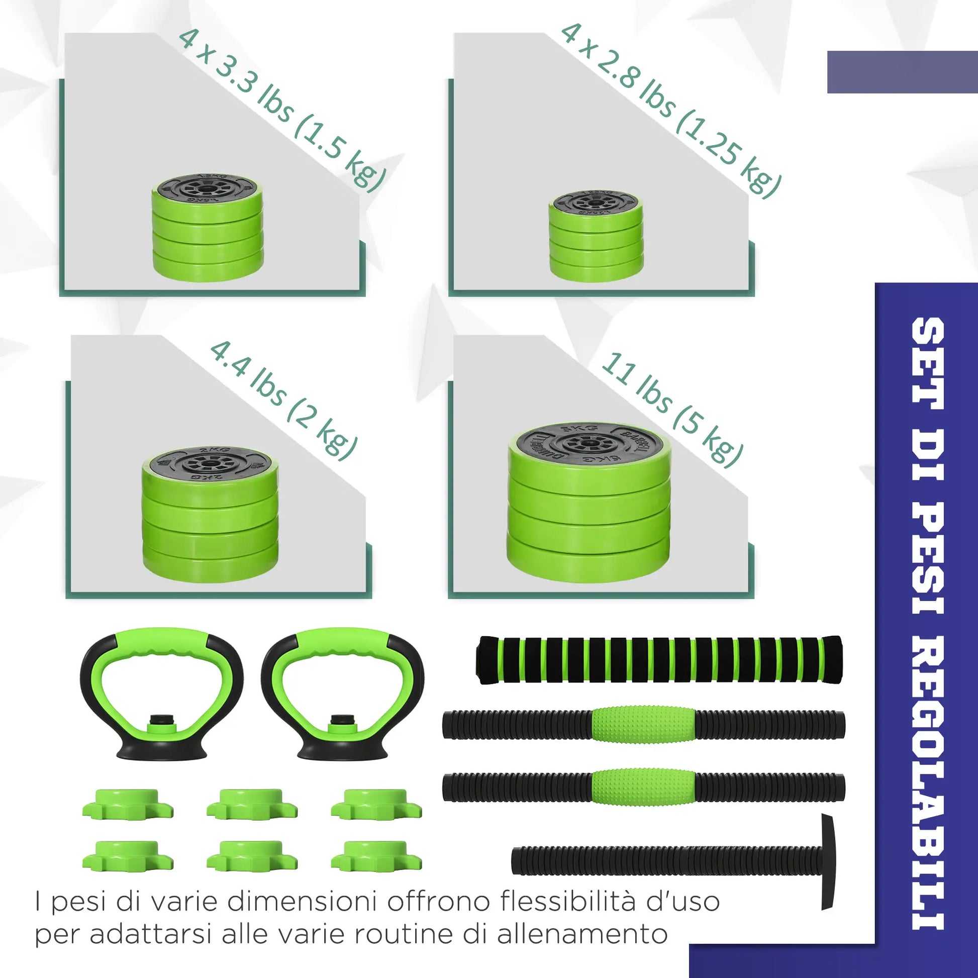 88lbs Adjustable Weight Dumbbell Set, Barbell, Kettlebell, Push Up Stand, Green Dumbbells & Barbells at Gallery Canada