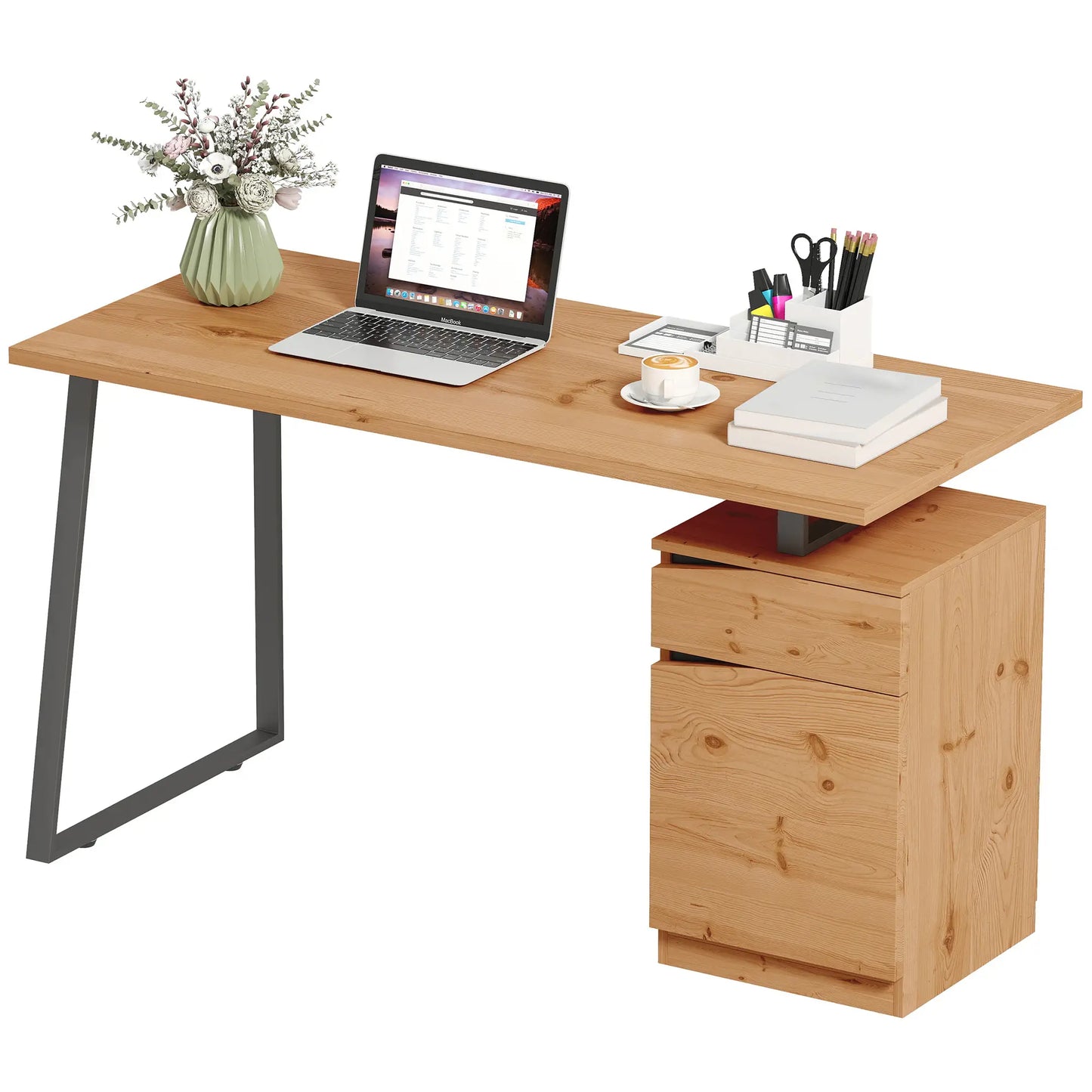 53 Inch Computer Desk, Writing Table with Cabinet, Drawer, Adjustable Shelf Office Desks & Work Stations Natural Wood, Black at Gallery Canada
