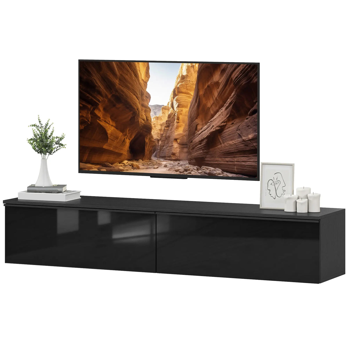 Wall Mounted TV Stand, Floating Cabinet, 70", High Gloss, Black