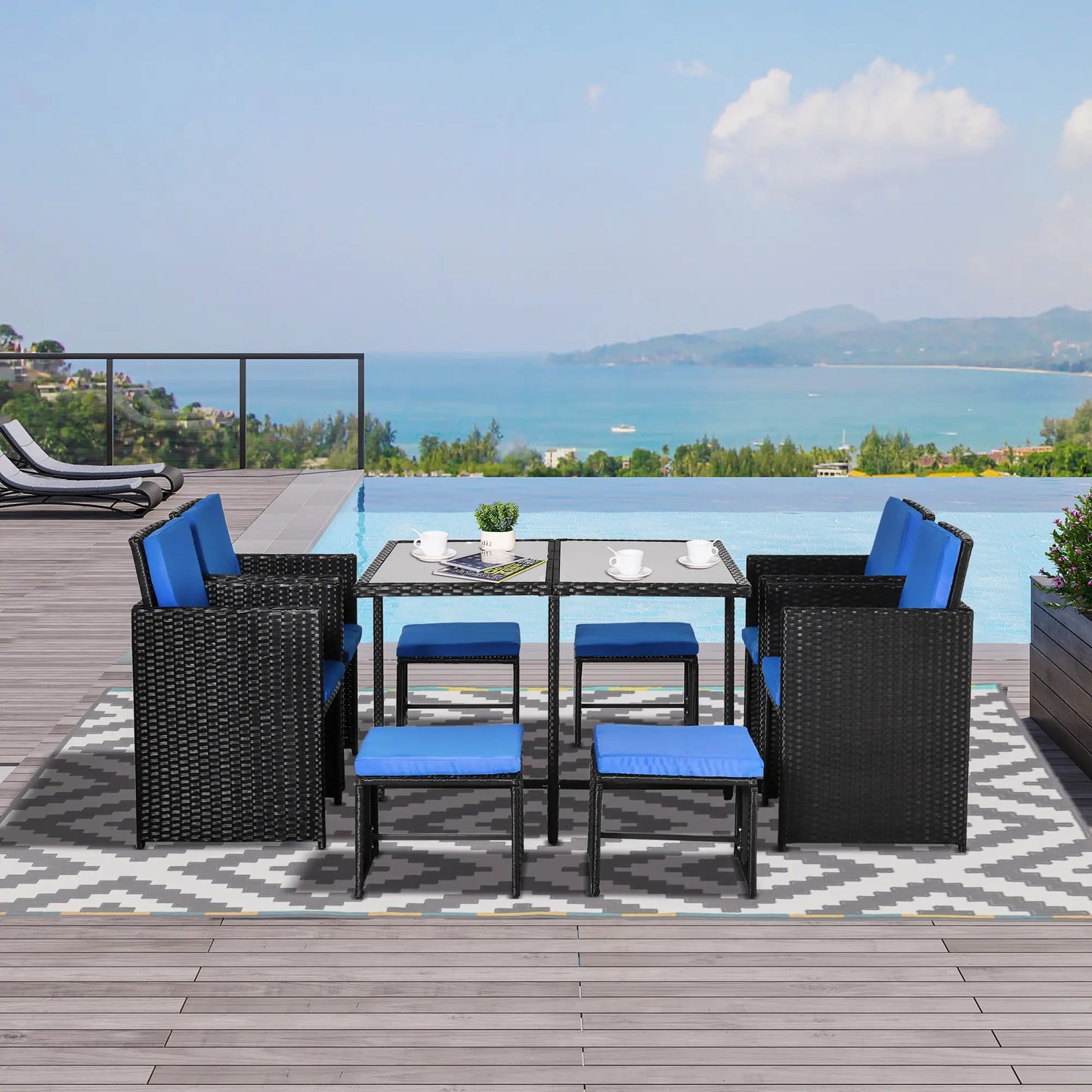 9-Piece Wicker Patio Dining Set, Glass Top Table, Ottomans, Blue Outdoor Dining Sets at Gallery Canada