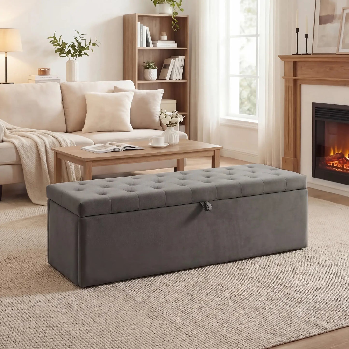 Storage Ottoman Bench, Button Tufted Velvet, Grey Storage Ottomans & Benches at Gallery Canada