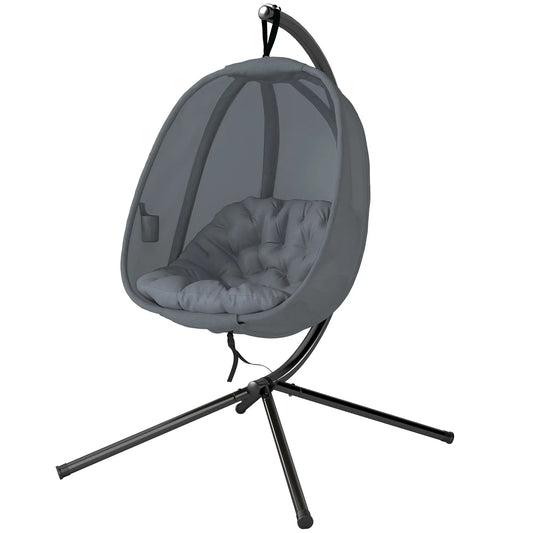 Hanging Egg Chair, Outdoor Swing with Stand, Folding Basket, Grey Patio Swings with Stand Black, Grey at Gallery Canada
