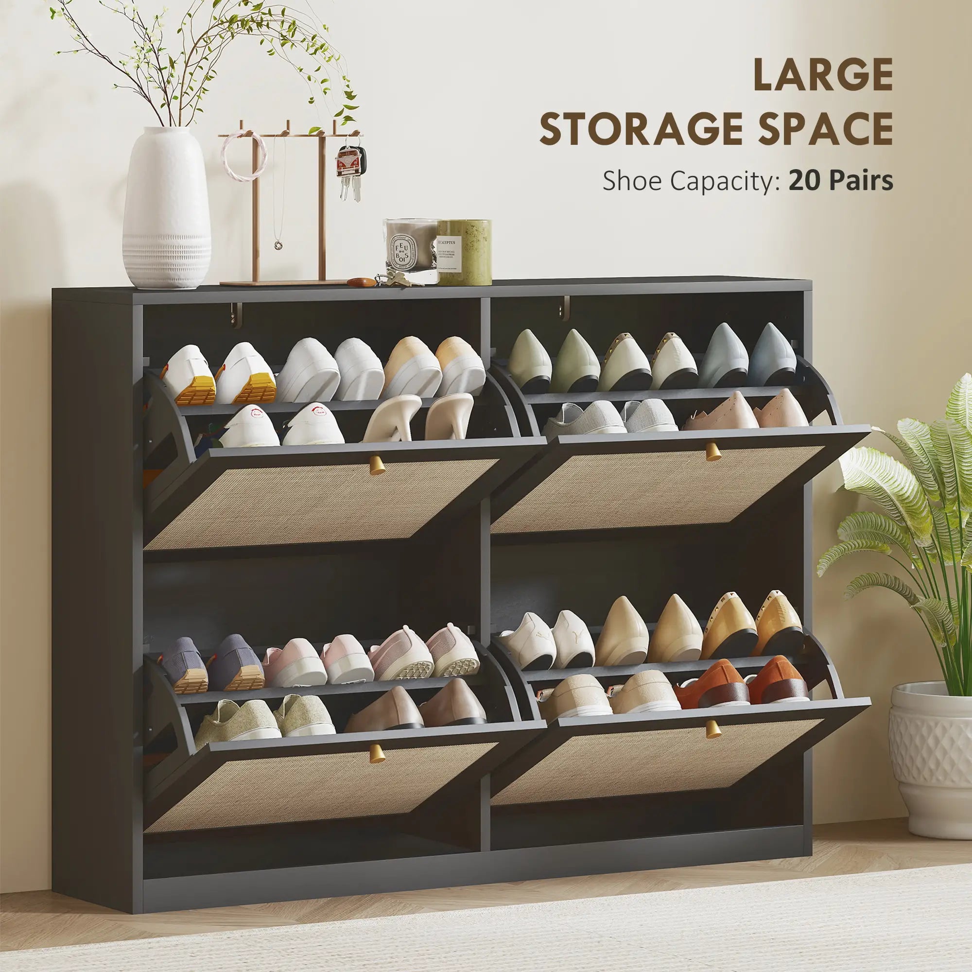 Narrow Shoe Storage Cabinet, 4 Flip Drawers, Adjustable Shelves, 20 Pairs, Black Shoe Storage Cabinets & Racks at Gallery Canada