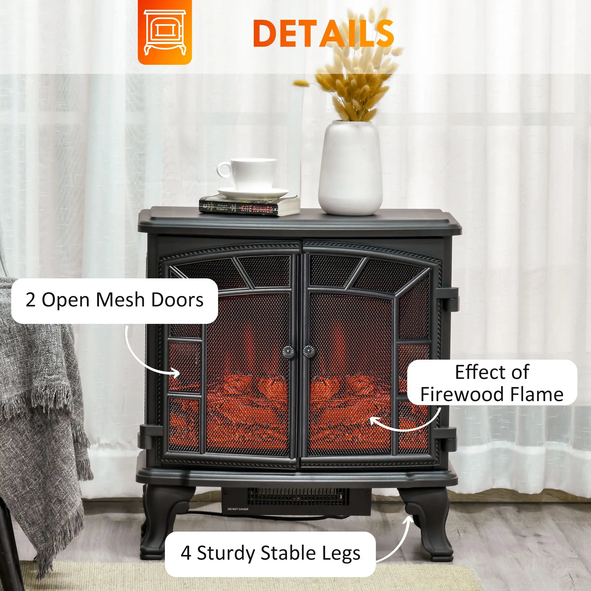 Electric Fireplace Heater, Freestanding, Realistic Flame, Timer, Overheat Protection, 750W/1500W, Black Electric Fireplaces at Gallery Canada