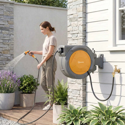 1/2 in x 100ft Wall Mounted Garden Hose Reel, Auto Rewind, Orange Garden Accessories at Gallery Canada