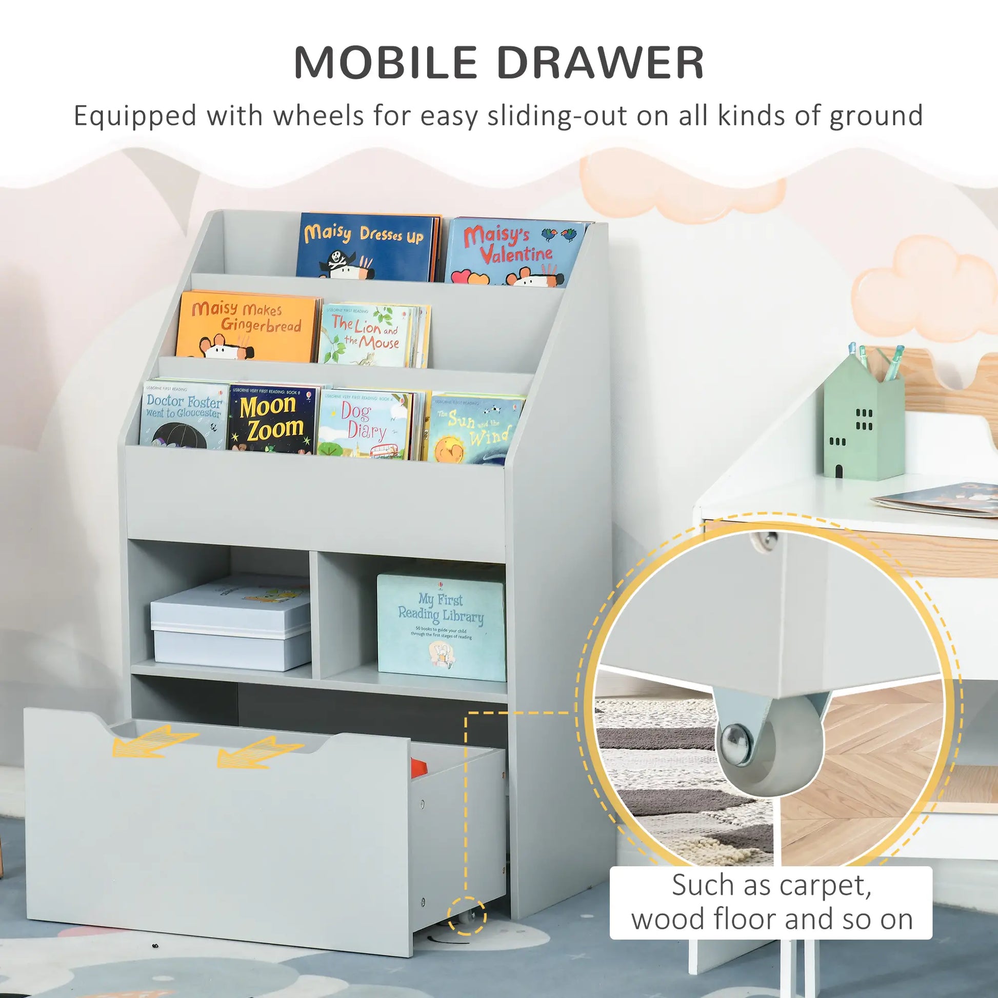 Kids Bookcase, Multi-Shelf Organizer with Drawer, Grey Baby & Kids Storage at Gallery Canada