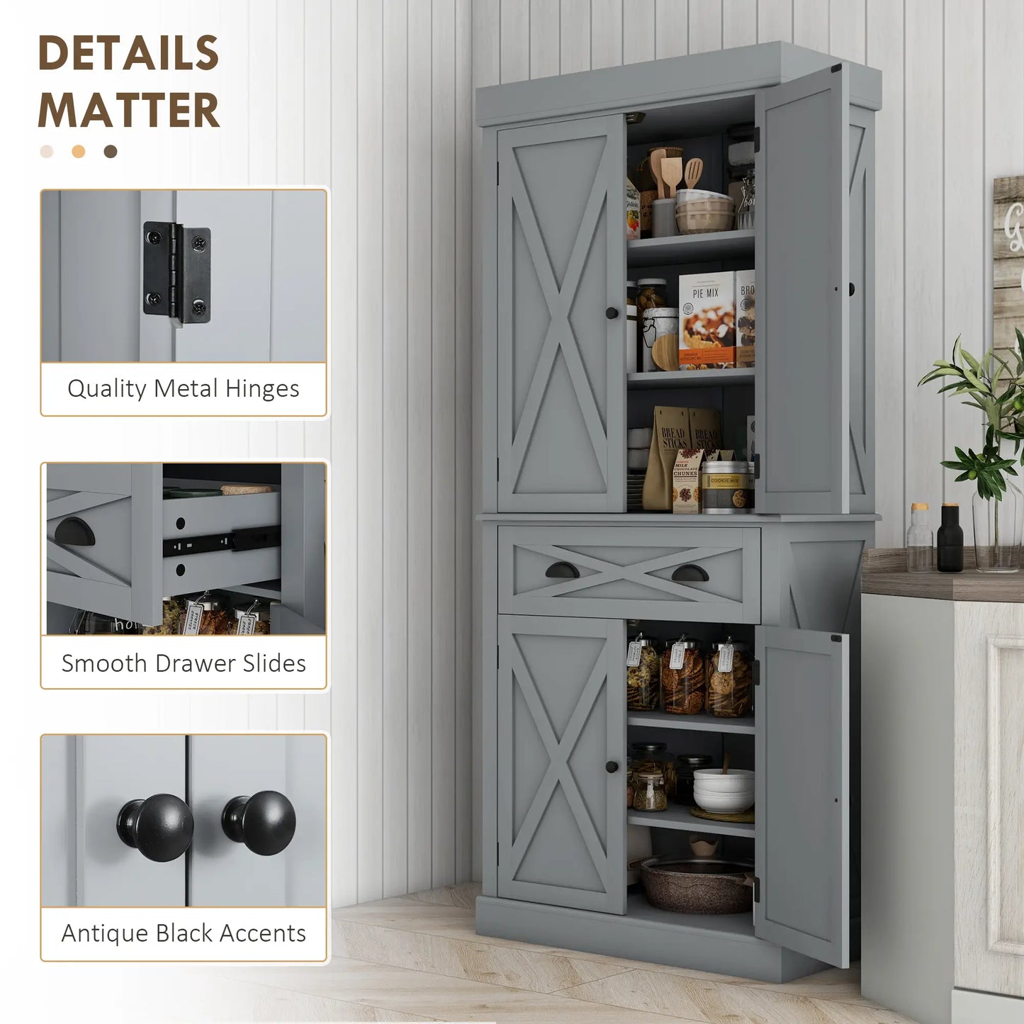 72.5" Kitchen Pantry Cabinet, 4 Doors, Drawer, Adjustable Shelves, Grey Kitchen Pantry Cabinets at Gallery Canada