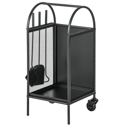 15" Outdoor Firewood Rack With Wheels, Heavy Duty Log Storage, Black Firewood Racks Black at Gallery Canada