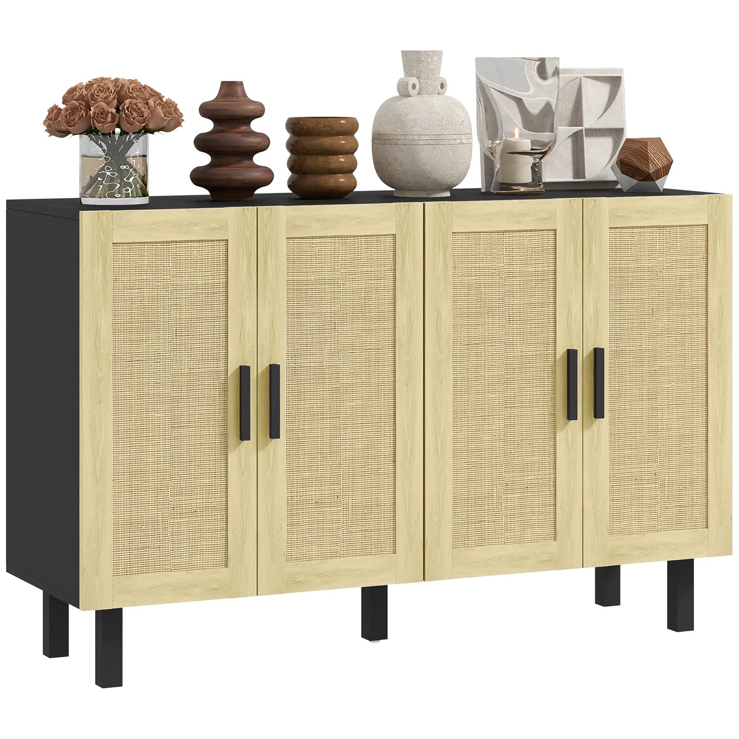 Boho Sideboard Cabinet, 4 Rattan Doors, Adjustable Shelves, Black Storage Cabinets at Gallery Canada