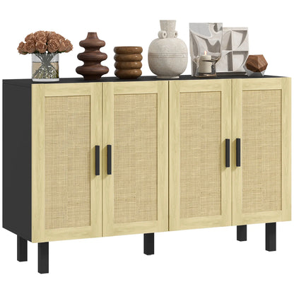 Boho Sideboard Cabinet, 4 Rattan Doors, Adjustable Shelves, Black Storage Cabinets at Gallery Canada