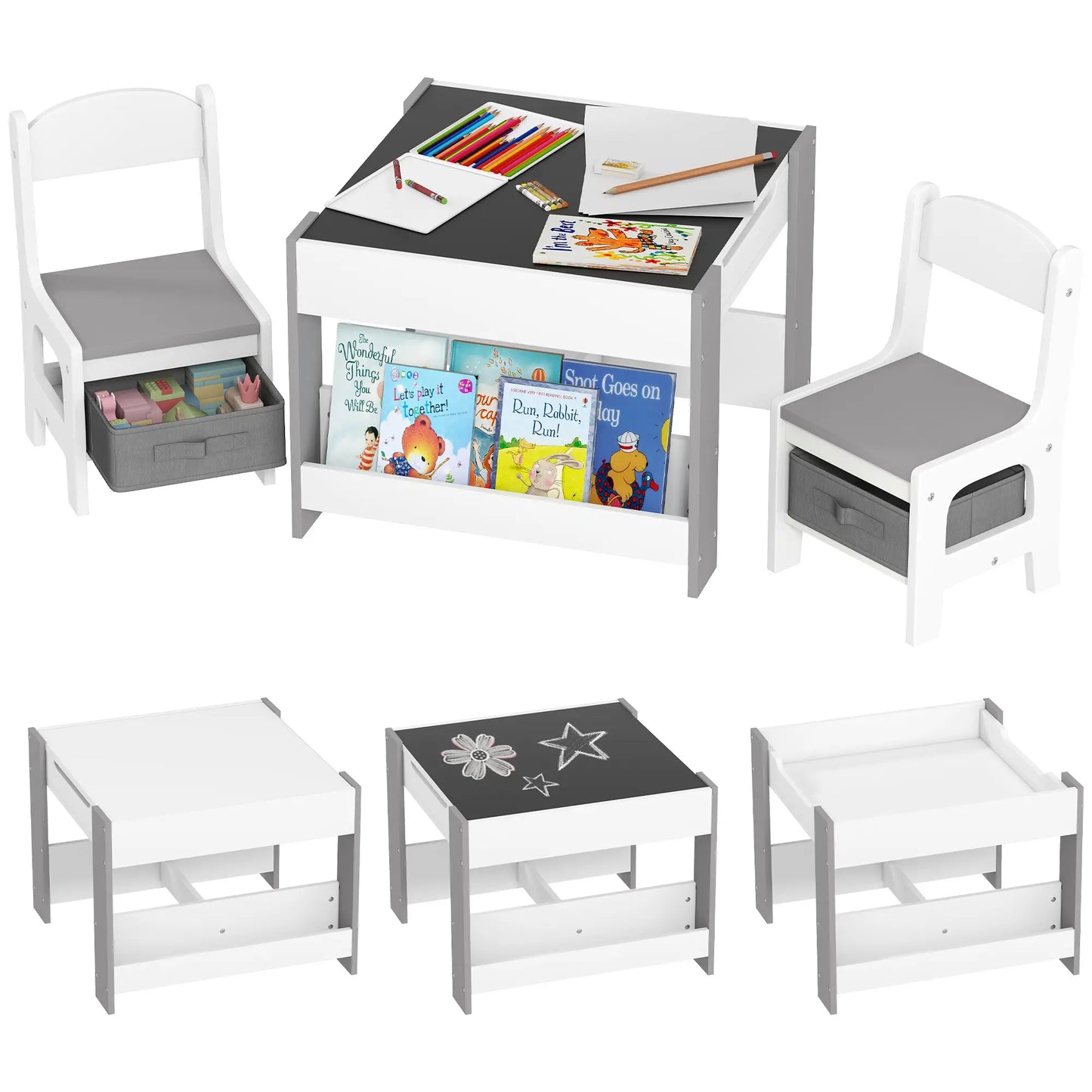 3 Piece Kids Table and Chair Set, Reversible Tabletop, Blackboard, Storage, Grey Kids Table Sets at Gallery Canada
