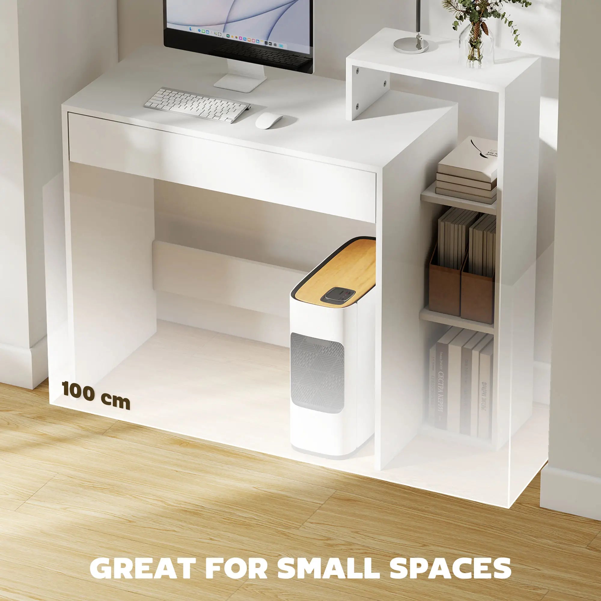 Computer Desk With Storage, 3 Open Shelves And Drawer, White Writing Desks at Gallery Canada