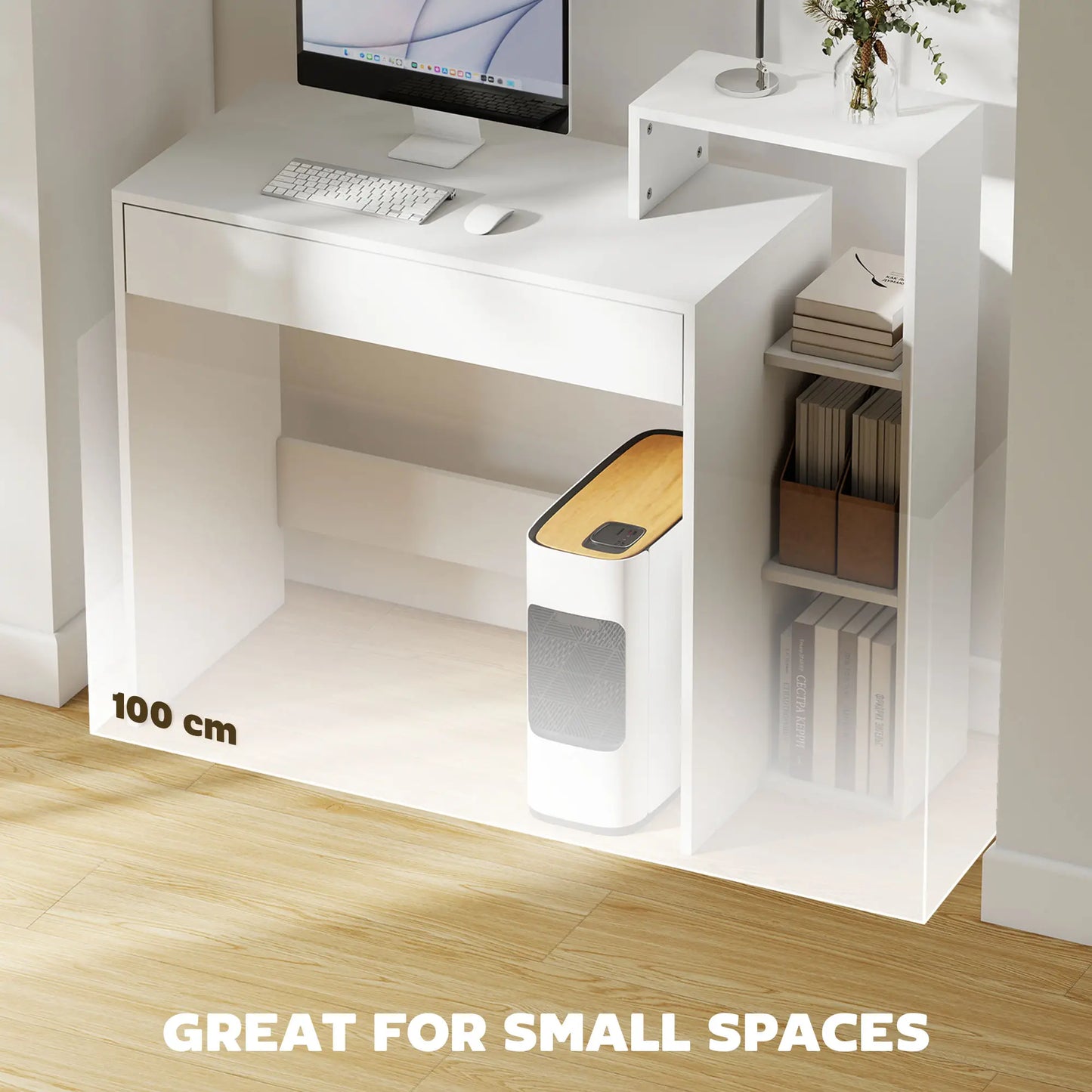 Computer Desk With Storage, 3 Open Shelves And Drawer, White Writing Desks at Gallery Canada