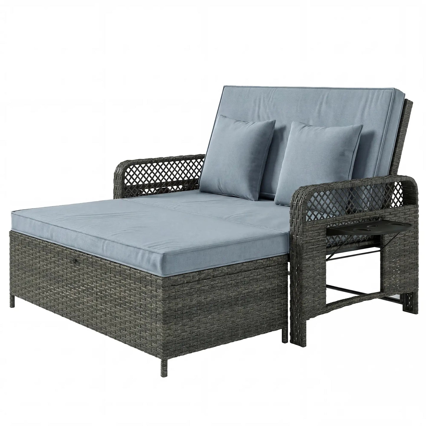 Patio Lounge Chair Set, 2 Pieces With Cushions, Adjustable Backrest, Side Trays Wicker Chaise Loungers Dark Grey, Light Grey, Black at Gallery Canada
