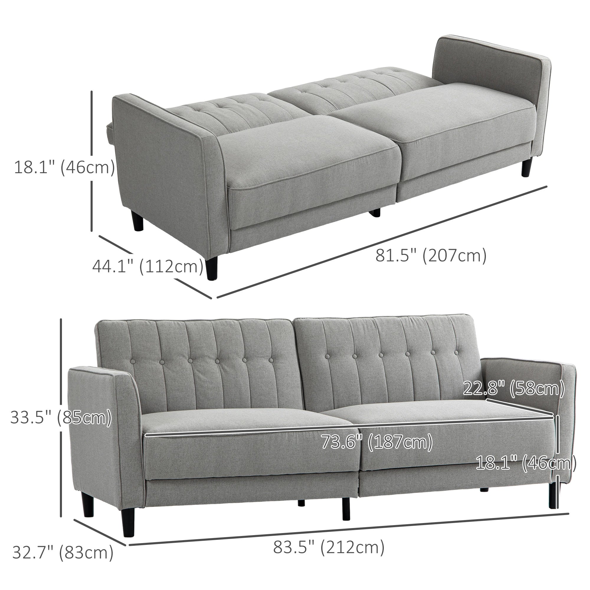 Convertible Bed with Couch, Button Tufted Fabric Sofa Bed, Adjustable Back, Grey 2-Seater Sofas at Gallery Canada