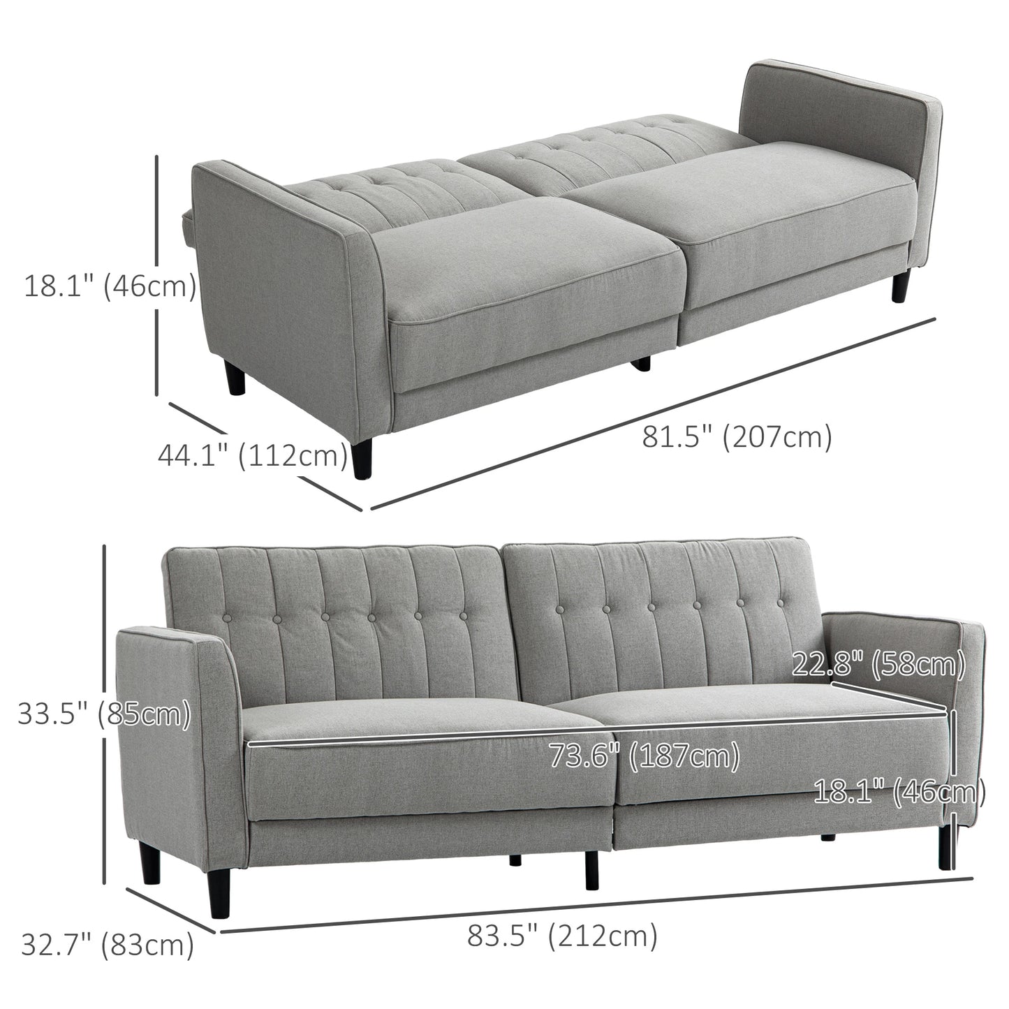 Convertible Bed with Couch, Button Tufted Fabric Sofa Bed, Adjustable Back, Grey 2-Seater Sofas at Gallery Canada
