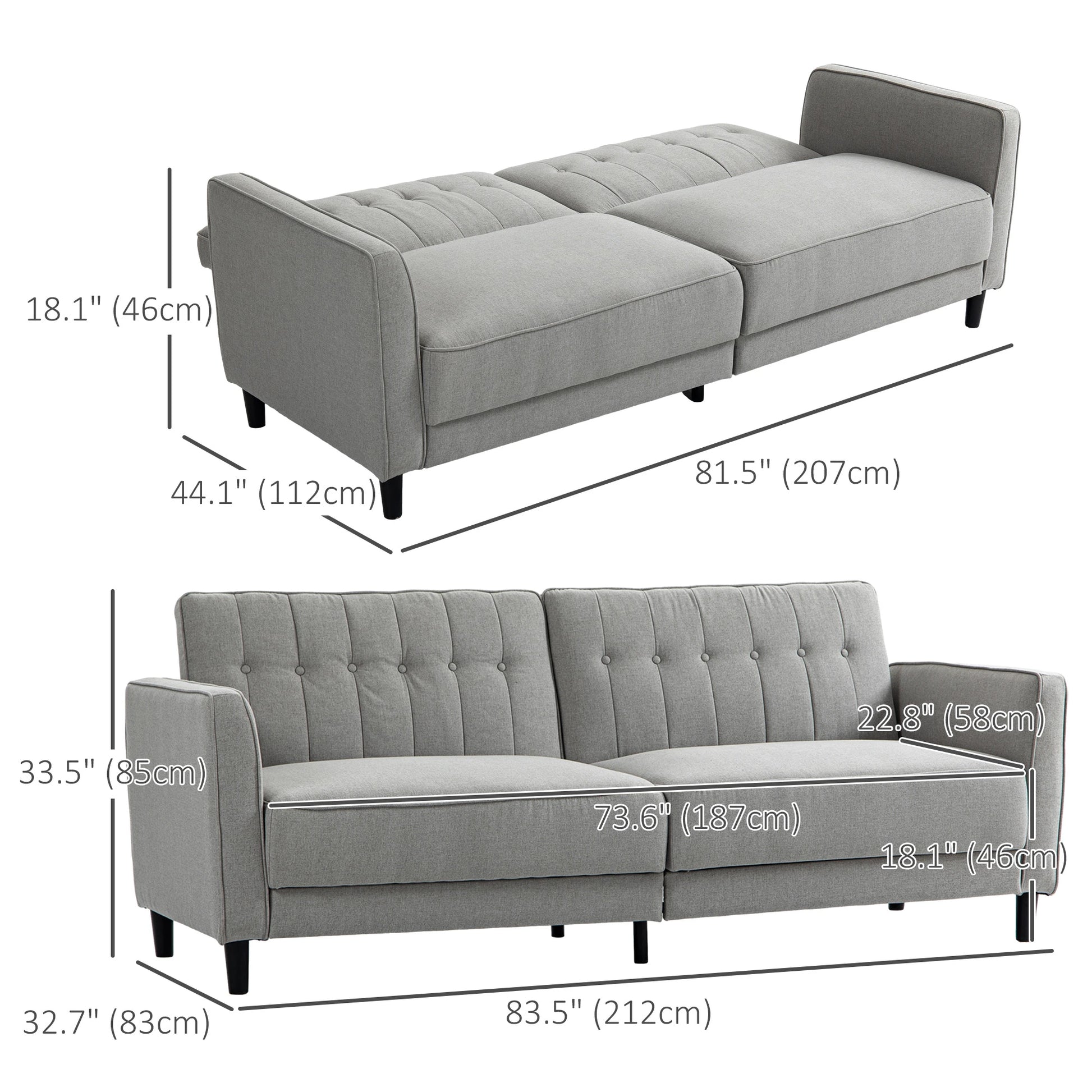 Convertible Bed with Couch, Button Tufted Fabric Sofa Bed, Adjustable Back, Grey 2-Seater Sofas at Gallery Canada