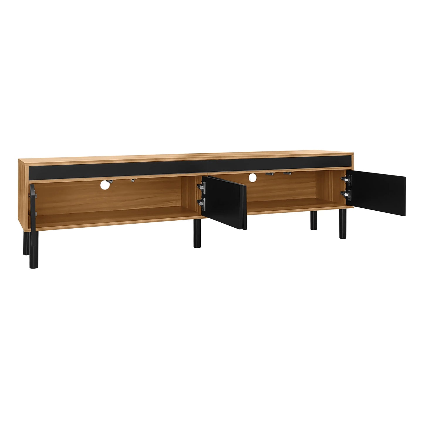 Elegant Stripe Design Stand, Sturdy Wooden Legs, 3 Doors, 67" L x 15" W x 18.5" H, Natural, Black TV Stands at Gallery Canada