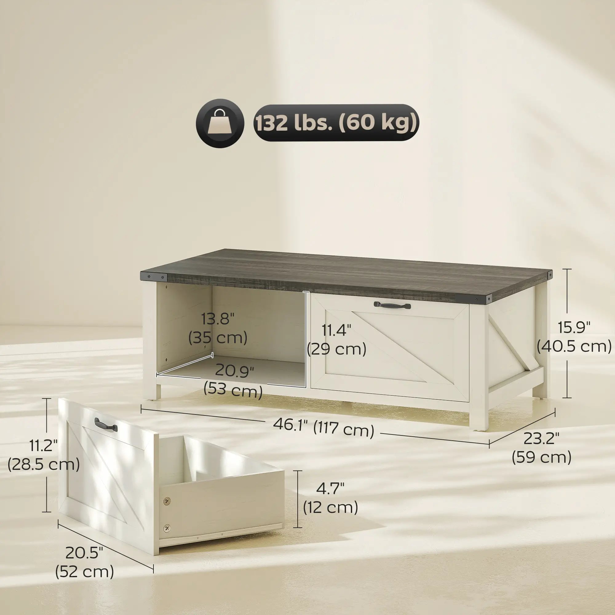 Farmhouse Coffee Table with Drawer, Open Shelf, Distressed White Coffee Tables at Gallery Canada