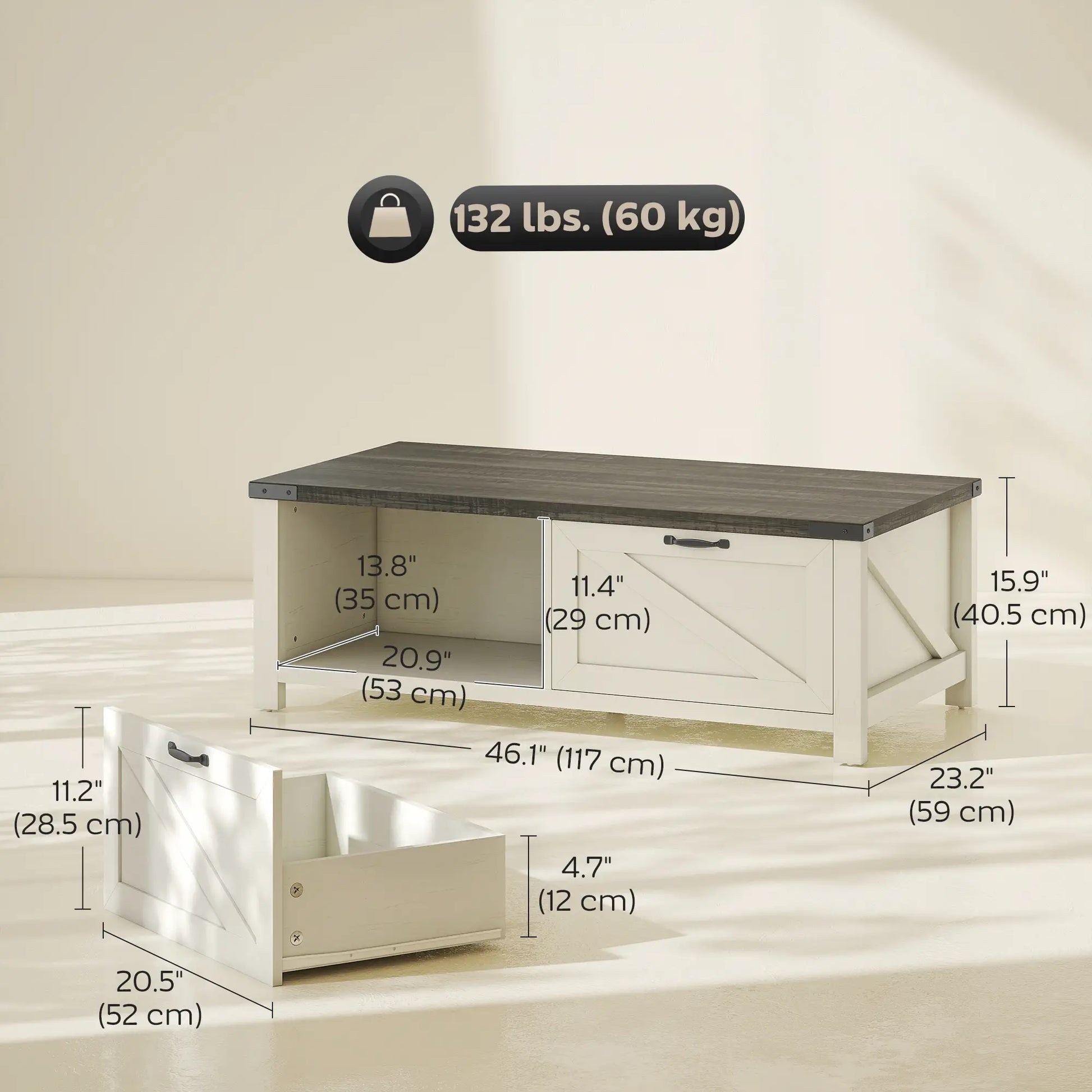 Farmhouse Coffee Table with Drawer, Open Shelf, Distressed White Coffee Tables at Gallery Canada