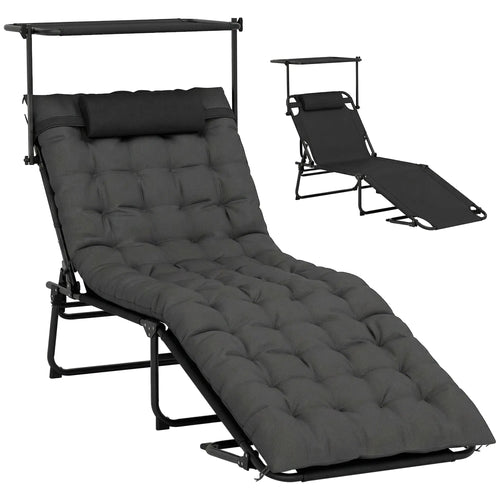 Folding Lounge Chair With Adjustable Canopy, 4-Position Tanning Chair, Dark Grey