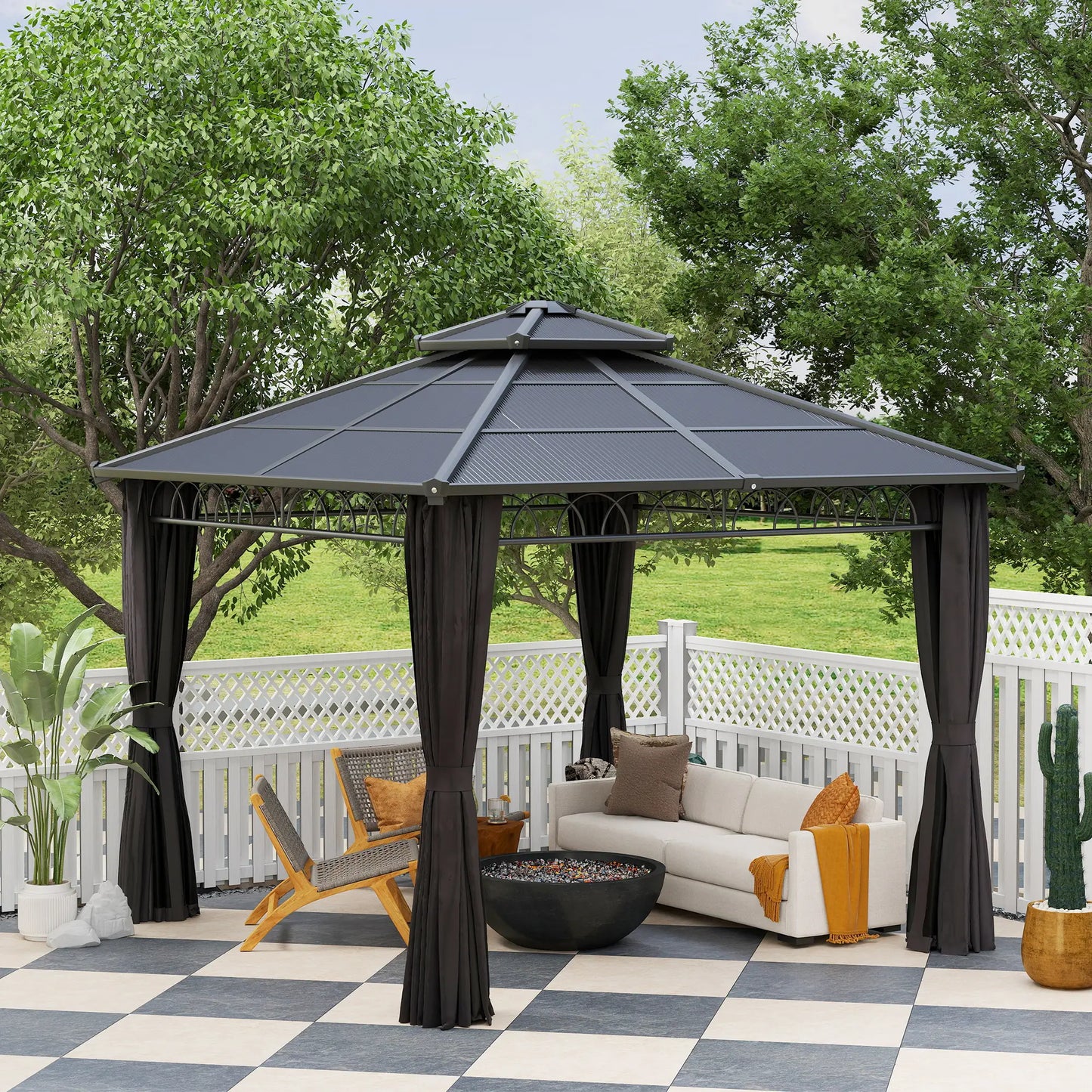 9' x 10' Hardtop Gazebo With Steel Frame, Nettings, Curtains, Black Gazebos at Gallery Canada