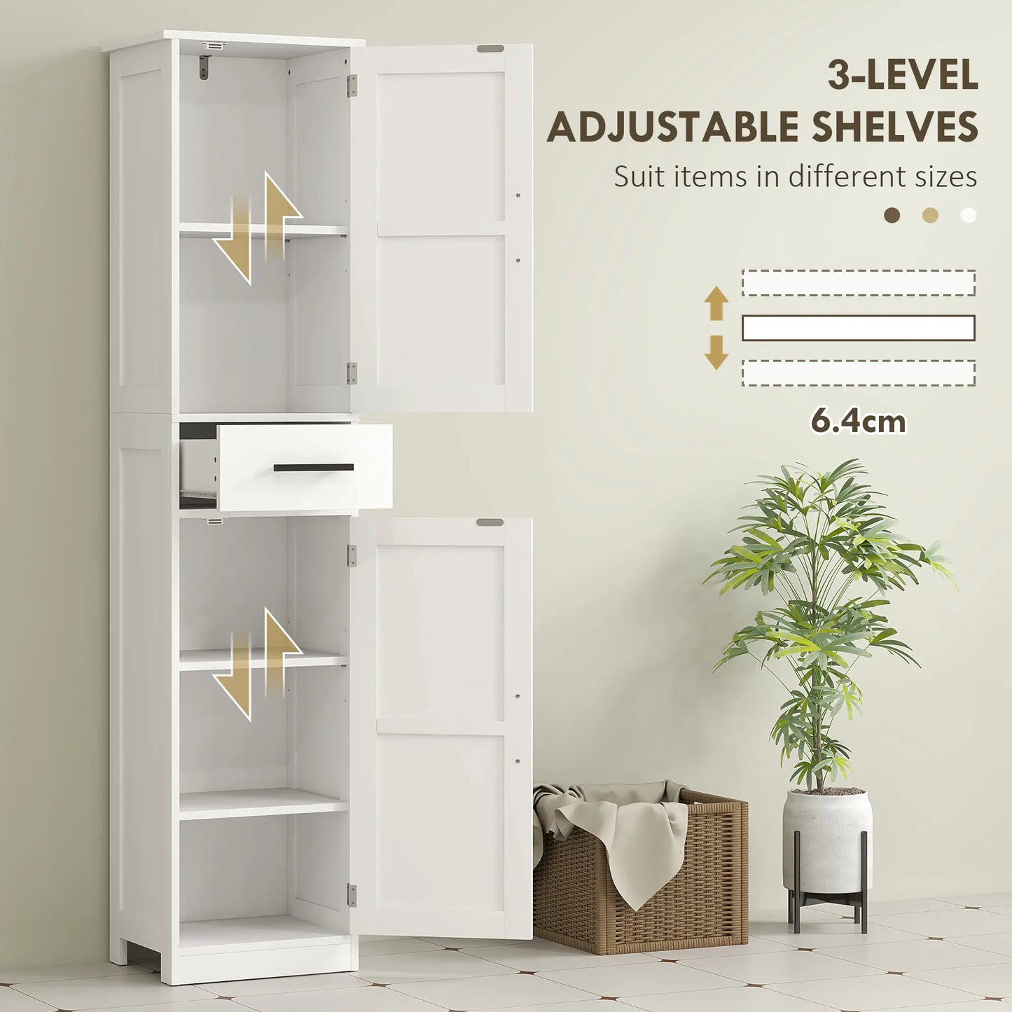 67" Tall Bathroom Cabinet, Narrow Storage with Drawer, Adjustable Shelves, White Bathroom Cabinets at Gallery Canada