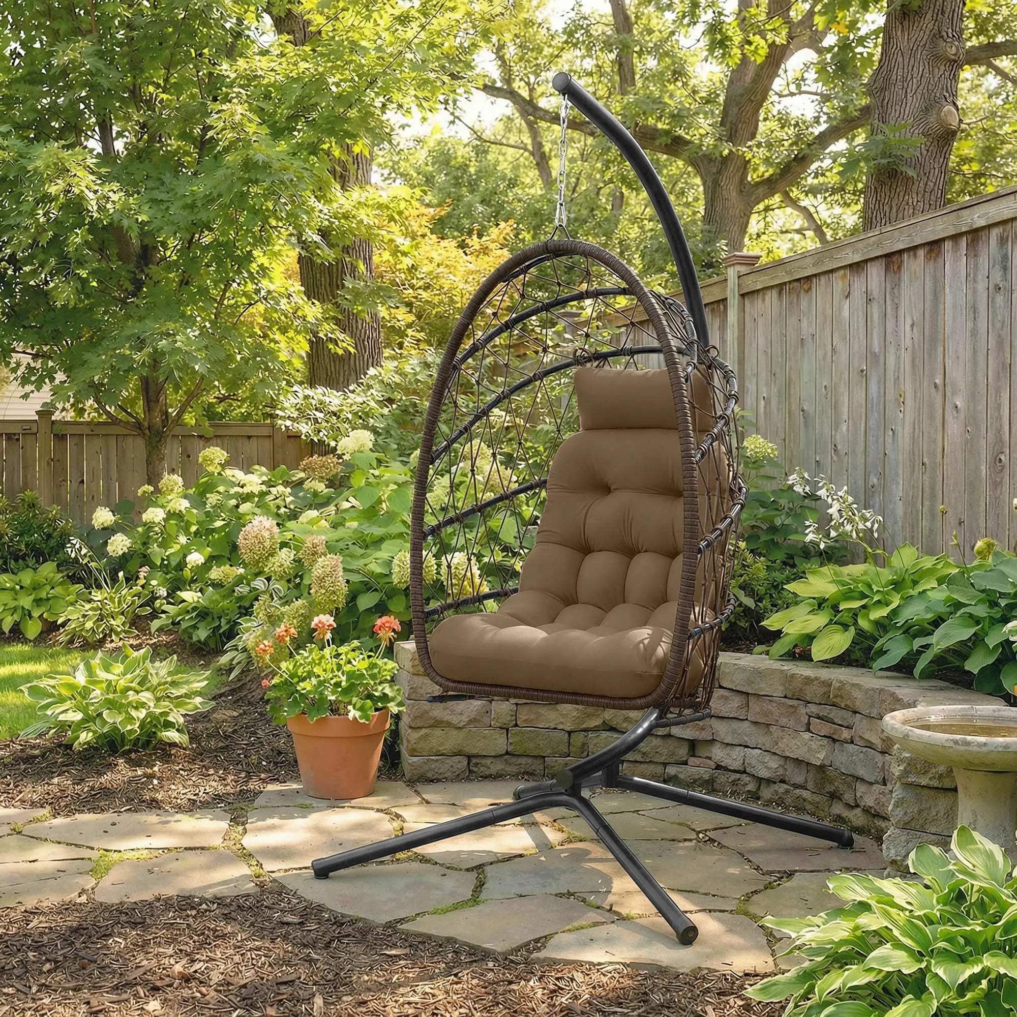 Hanging Egg Chair With Stand, Foldable Wicker Rattan Swing Chair, Brown Patio Swings with Stand at Gallery Canada