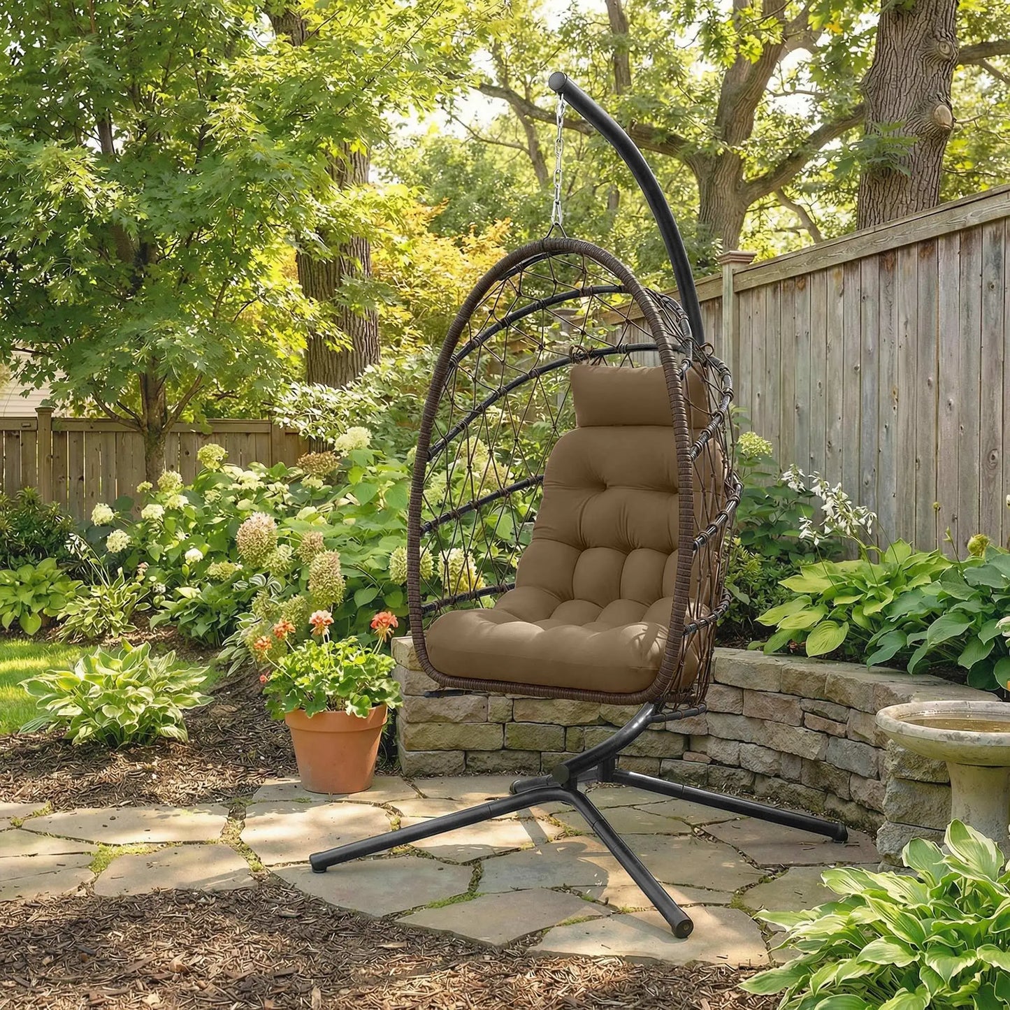 Hanging Egg Chair With Stand, Foldable Wicker Rattan Swing Chair, Brown Patio Swings with Stand at Gallery Canada