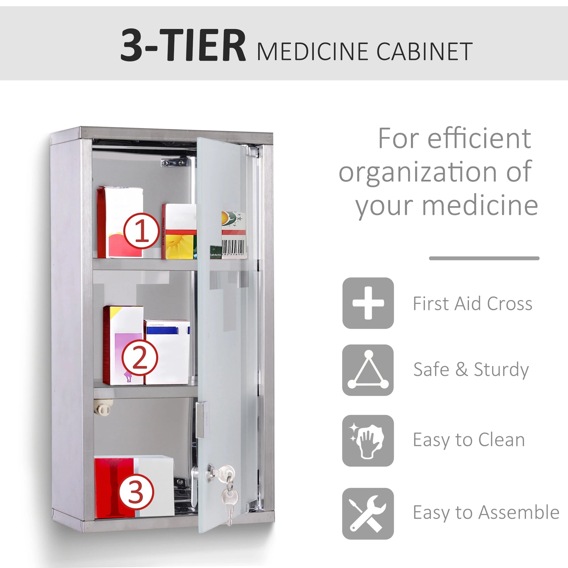Wall Mount Medicine Cabinet, 2 Shelves, Steel Frame, Glass Door, Lockable, Stainless Mirror Medicine Cabinets at Gallery Canada