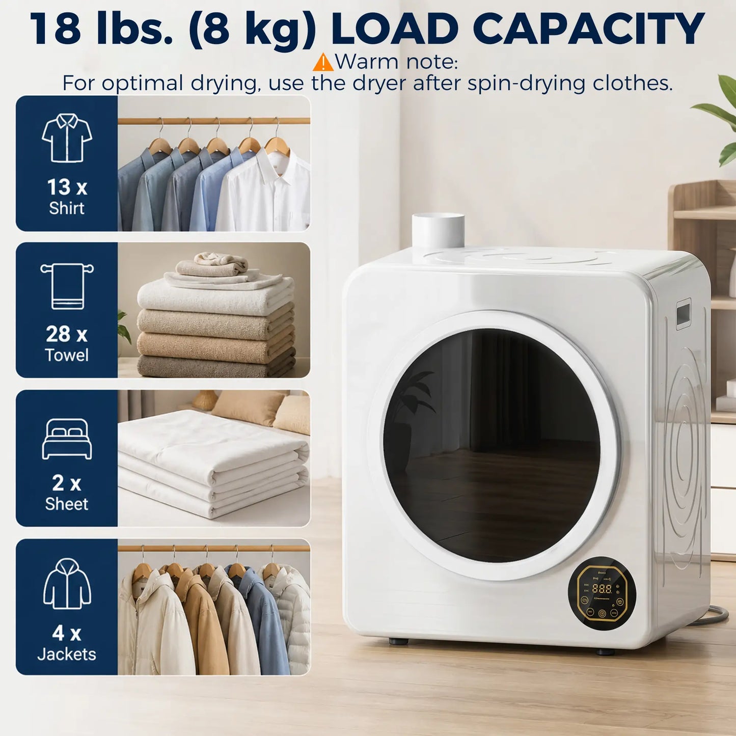 Clothes Dryer with 6 Drying Modes, Laundry Dryer with Stainless Steel Tub 18 lbs, White