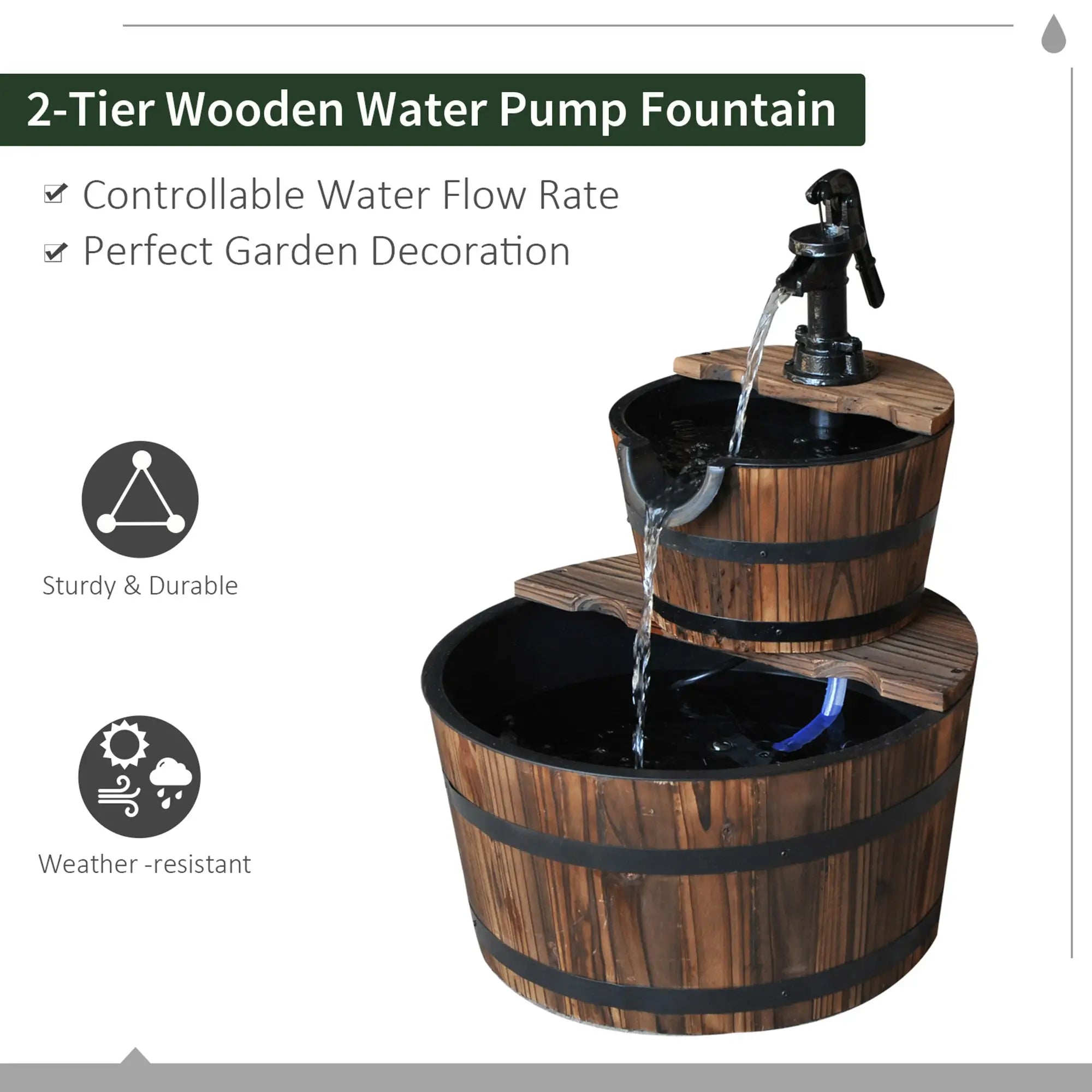 2-Tier Wooden Barrel Water Fountain, Electric Pump, Outdoor Indoor Decor Water Fountains at Gallery Canada