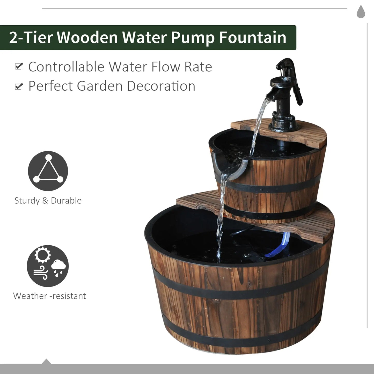 2-Tier Wooden Barrel Water Fountain, Electric Pump, Outdoor Indoor Decor Water Fountains at Gallery Canada