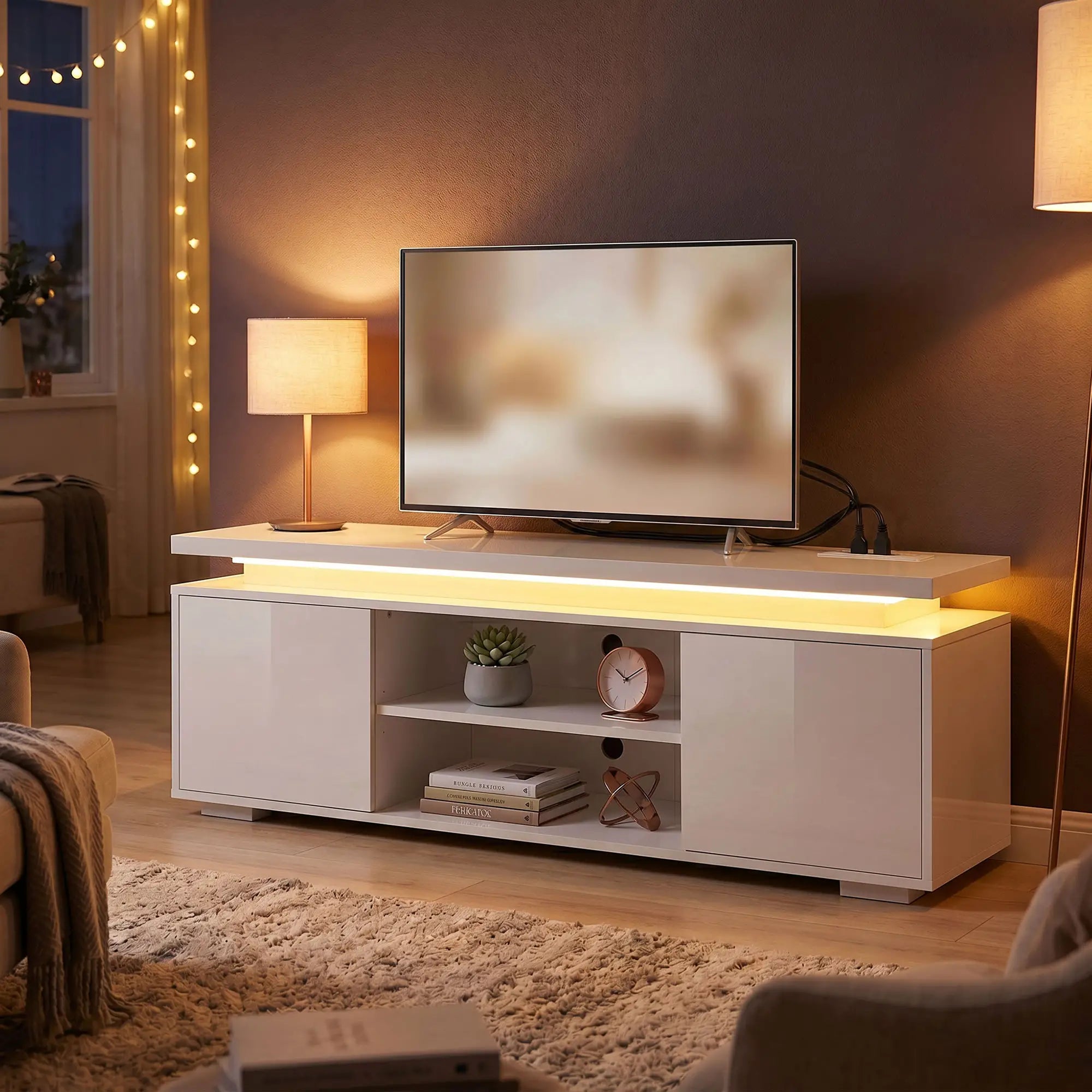 TV Stand For TVs Up To 60 In, Led Lights, Power Outlets, High Gloss White, White TV Stands at Gallery Canada