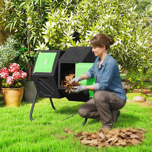 Rotating Composter, Dual Chamber Bin, 24 Vents, Steel Legs, 34.5 Gallon, Green Garden Accessories Green and Black at Gallery Canada
