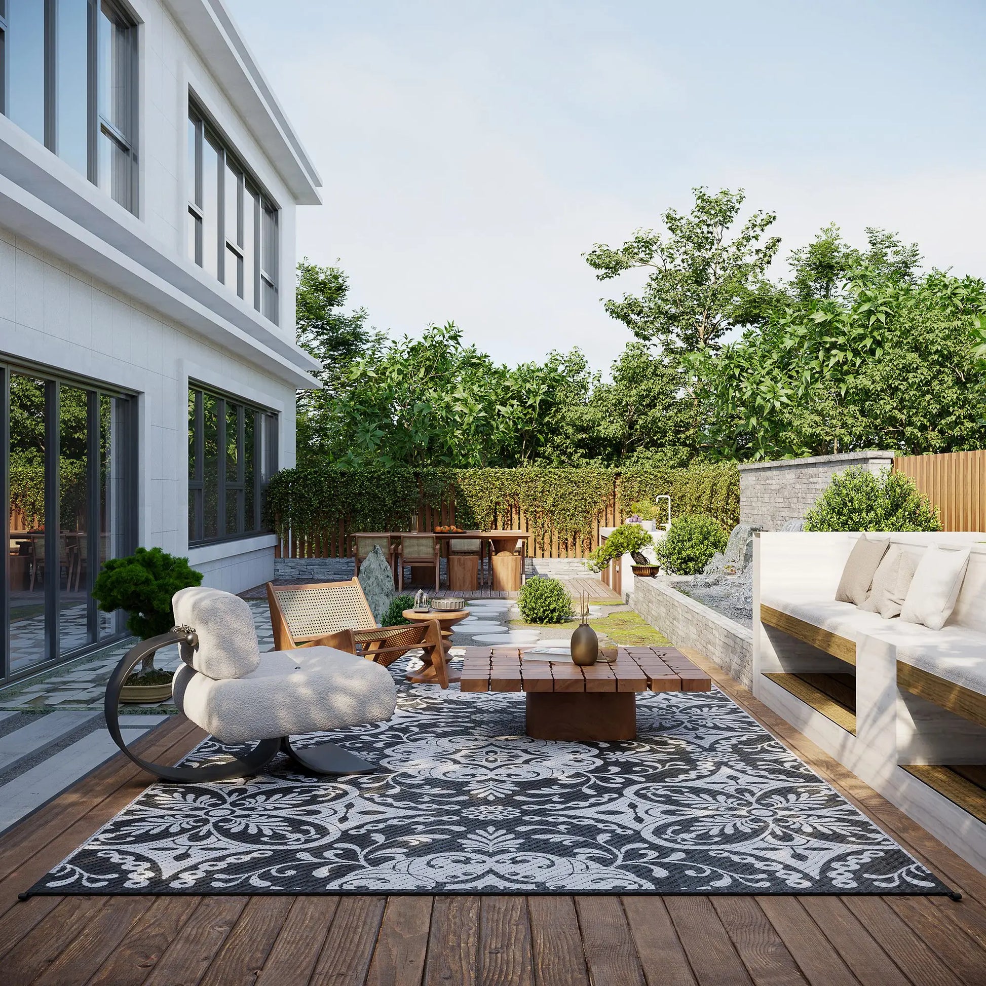 Portable Outdoor Rug with Carry Bag, 9' x 18', Waterproof, White Flower, Gray Outdoor Reversible Rugs at Gallery Canada