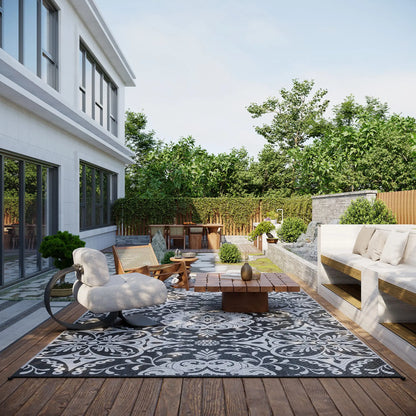 Portable Outdoor Rug with Carry Bag, 9' x 18', Waterproof, White Flower, Gray Outdoor Reversible Rugs at Gallery Canada