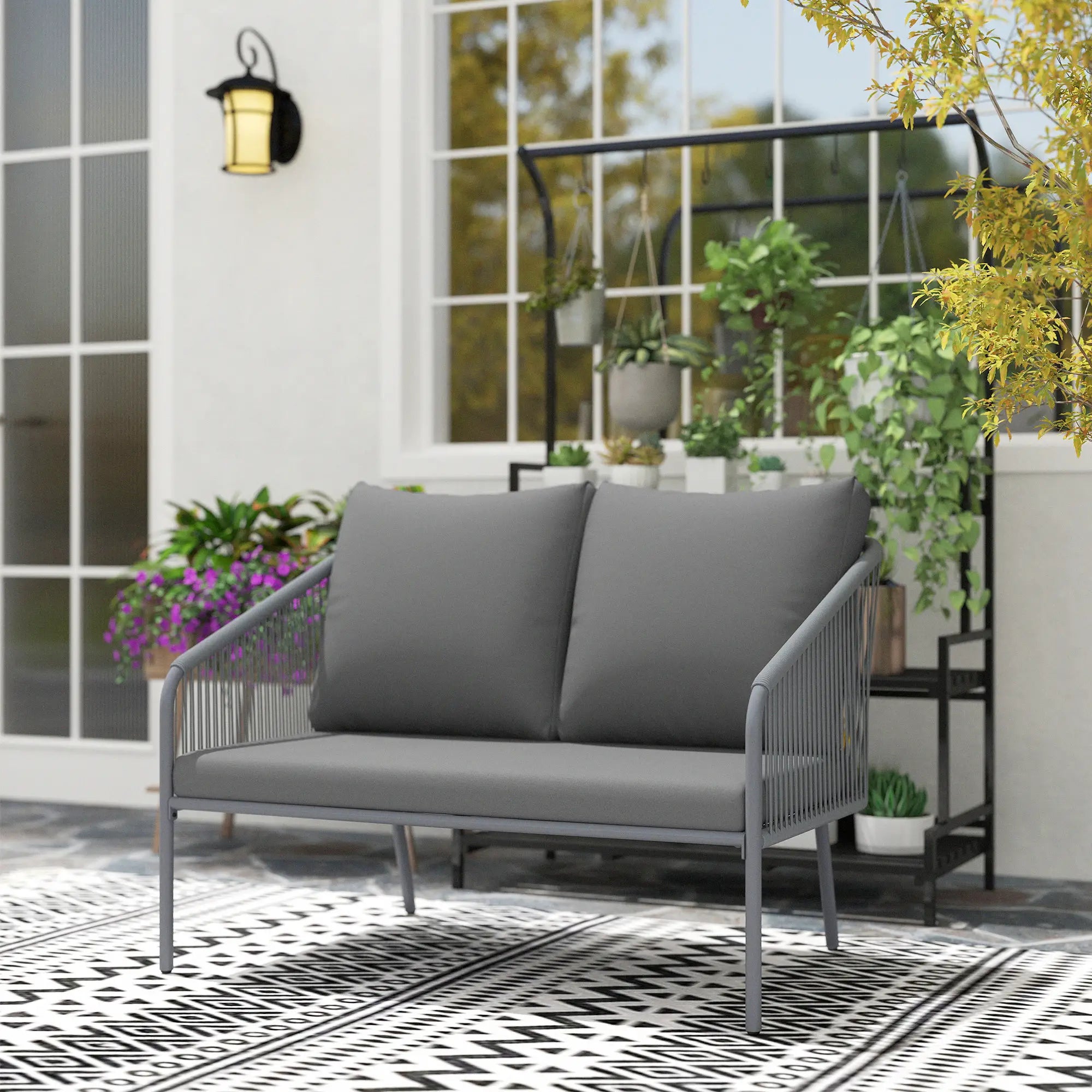 Outdoor Rattan Sofa With Cushions, 2-Seater, 112 x 72 x 76 cm, Grey Patio Furniture Sets at Gallery Canada