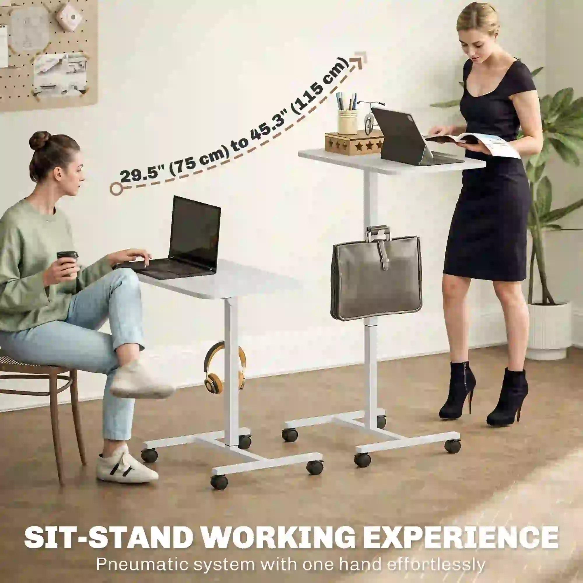 Height Adjustable Standing Desk, Pneumatic Sit Stand Desk, White Wood Grain, White Office Desks & Work Stations at Gallery Canada