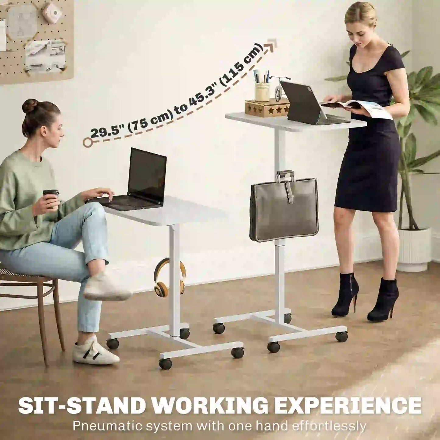 Height Adjustable Standing Desk, Pneumatic Sit Stand Desk, White Wood Grain, White Office Desks & Work Stations at Gallery Canada