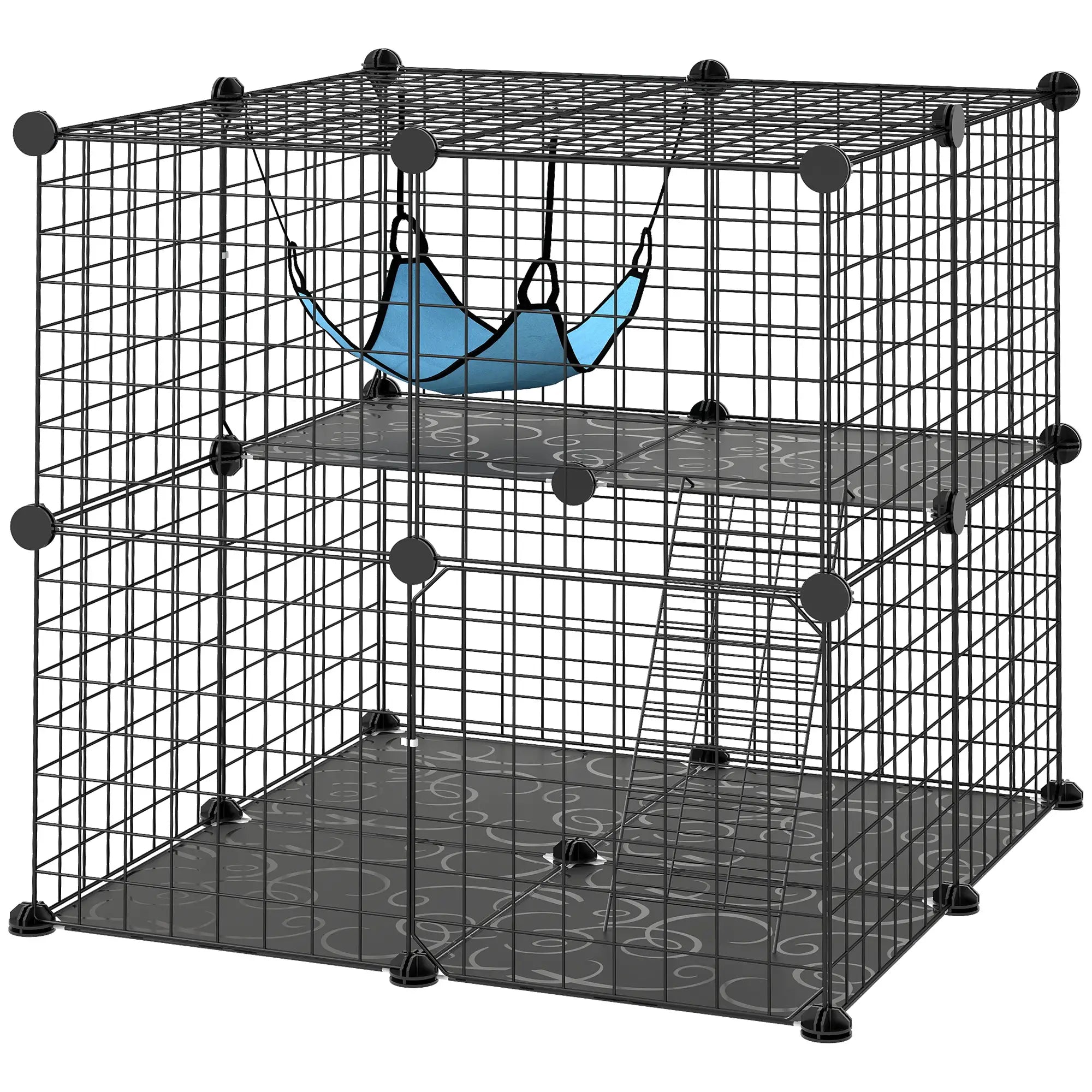 2 Tier Cat Cage, DIY Pet Playpen With 2 Doors, Ladder, Hammock, Perch, Black Outdoor Cat Enclosures Black, Blue at Gallery Canada