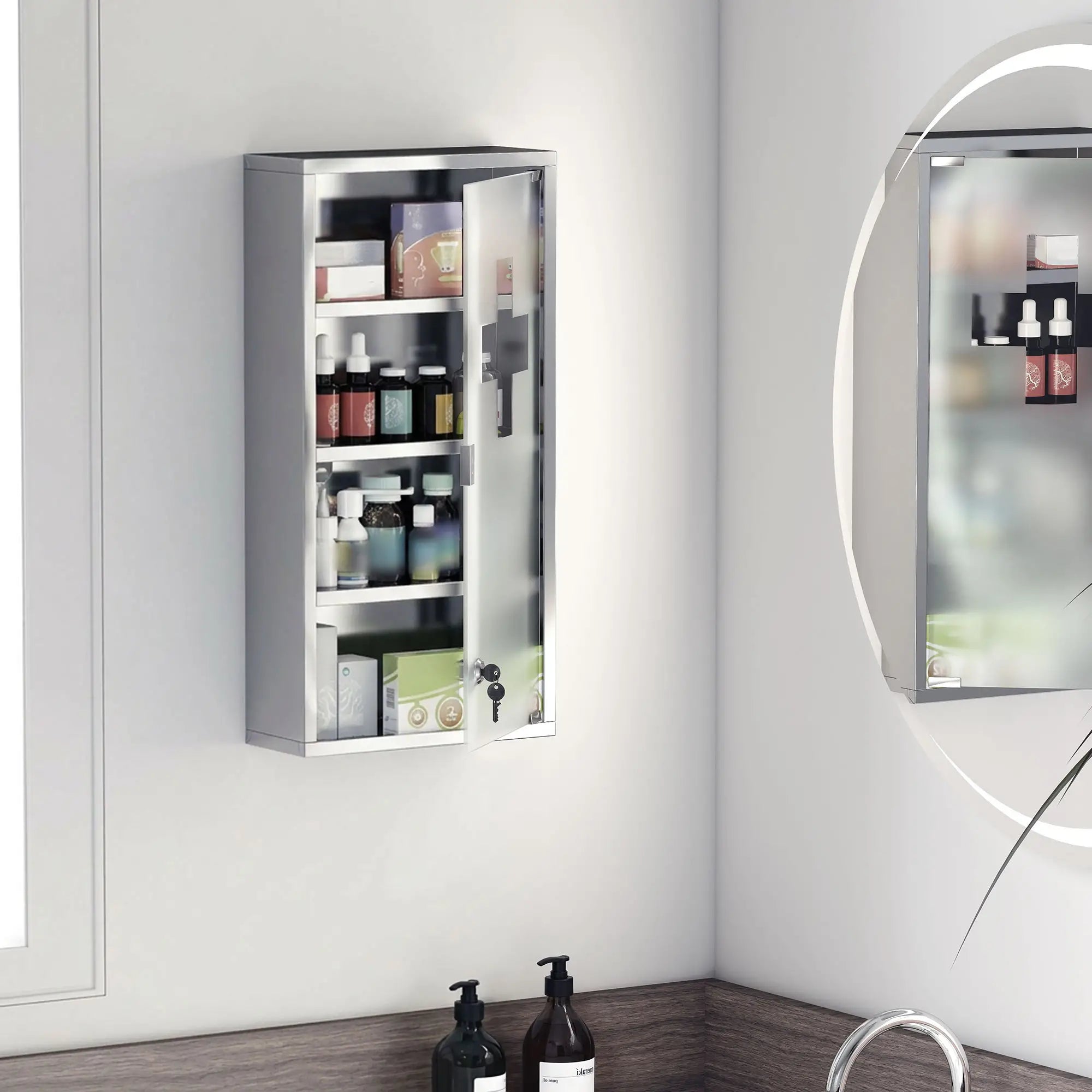 Wall Mount Medicine Cabinet, 4 Tier Shelves, Stainless Steel Frame, Glass Door, Lockable, 12