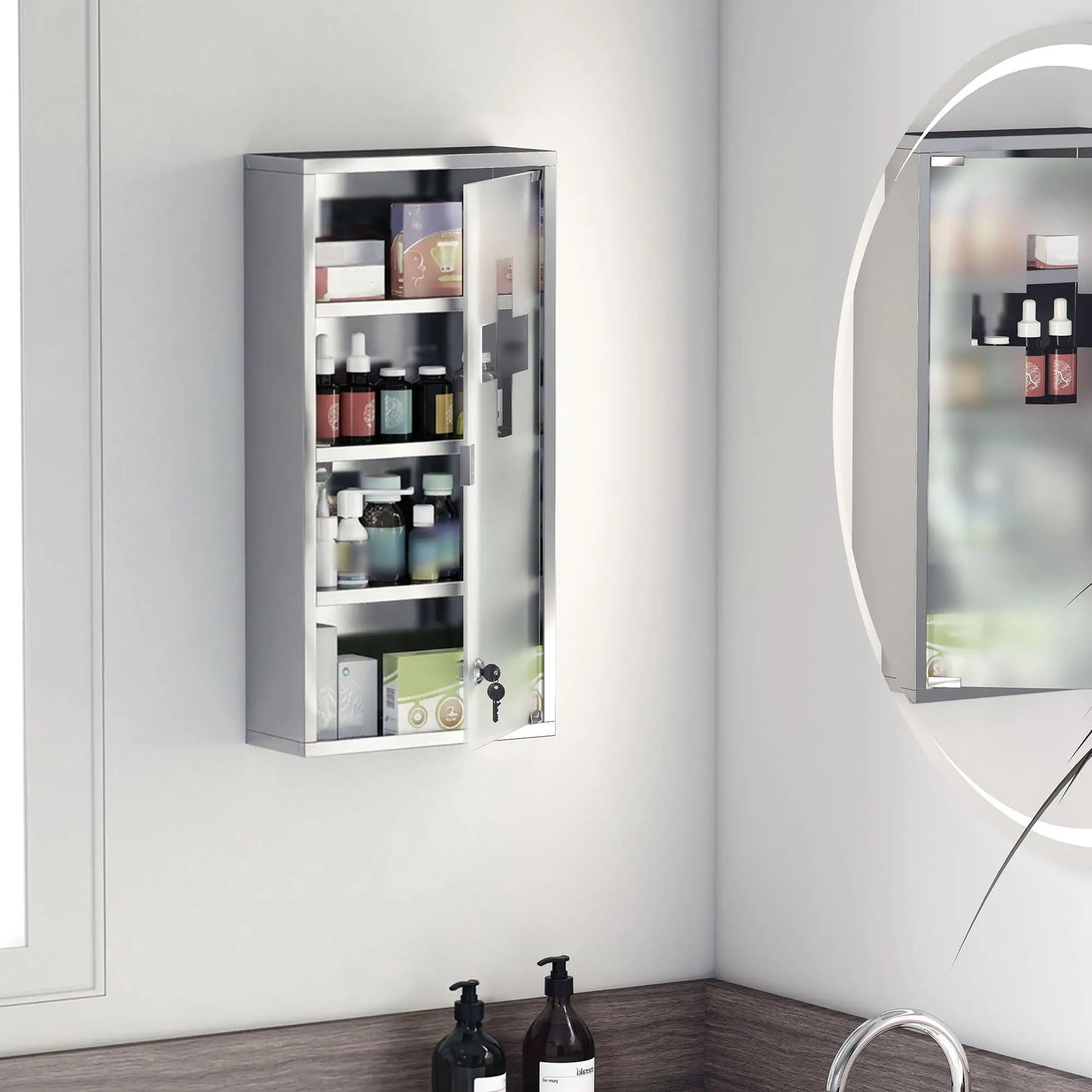Wall Mount Medicine Cabinet, 4 Tier Shelves, Stainless Steel Frame, Glass Door, Lockable, 12" x 23.5", Silver Mirror Medicine Cabinets at Gallery Canada