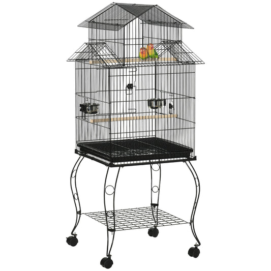 53.9'' Large Rolling Steel Bird Cage Bird House with Detachable Rolling Stand, Storage Shelf, Wood Perch, Food Container, Black at Gallery Canada