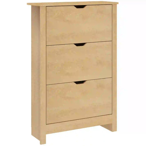 Shoe Storage Cabinet, 3 Flip Drawers, Adjustable Shelves, 18 Pairs, Natural Wood