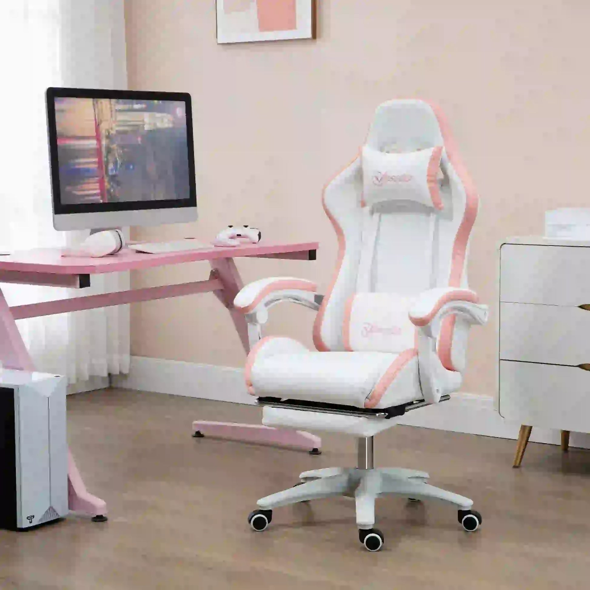 Computer Gaming Chair, PU Leather, 135° Reclining Back, White Video Game Chairs at Gallery Canada
