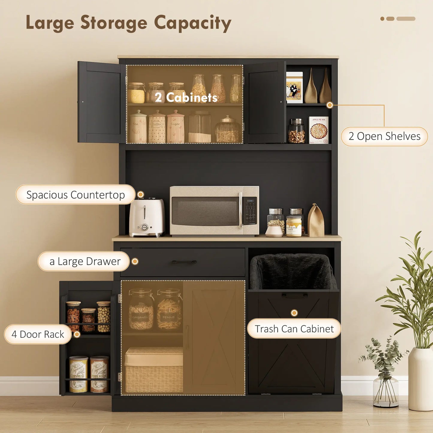 69 Inch Pantry Cabinet with Charging Station, Microwave Stand, Tilt-Out Trash Can, Black Kitchen Pantry Cabinets at Gallery Canada