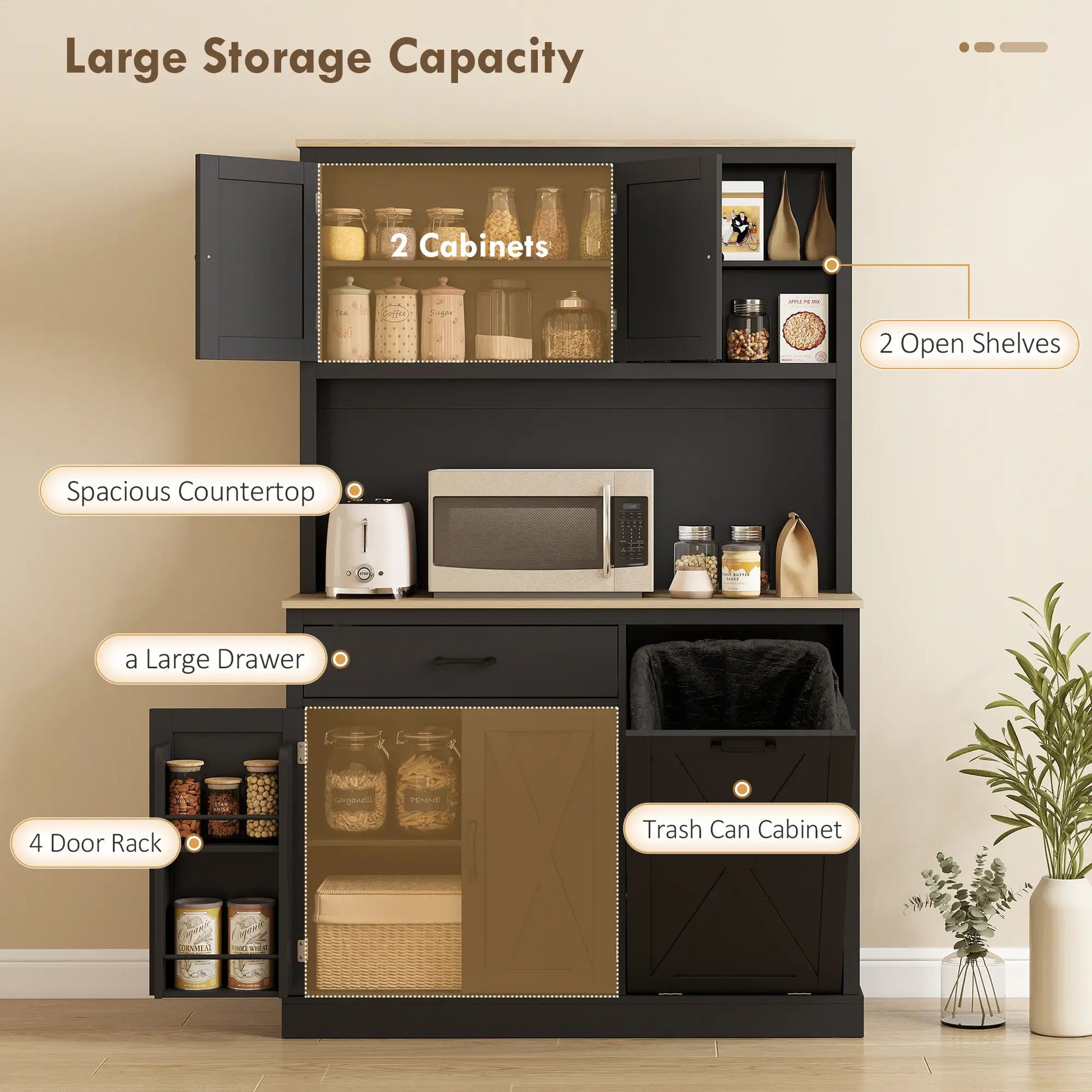 69 Inch Pantry Cabinet with Charging Station, Microwave Stand, Tilt-Out Trash Can, Black Kitchen Pantry Cabinets at Gallery Canada
