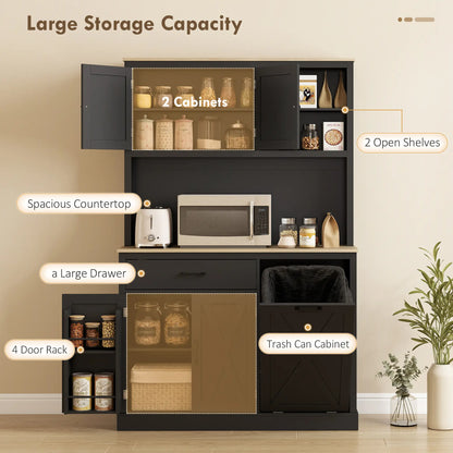 69 Inch Pantry Cabinet with Charging Station, Microwave Stand, Tilt-Out Trash Can, Black Kitchen Pantry Cabinets at Gallery Canada