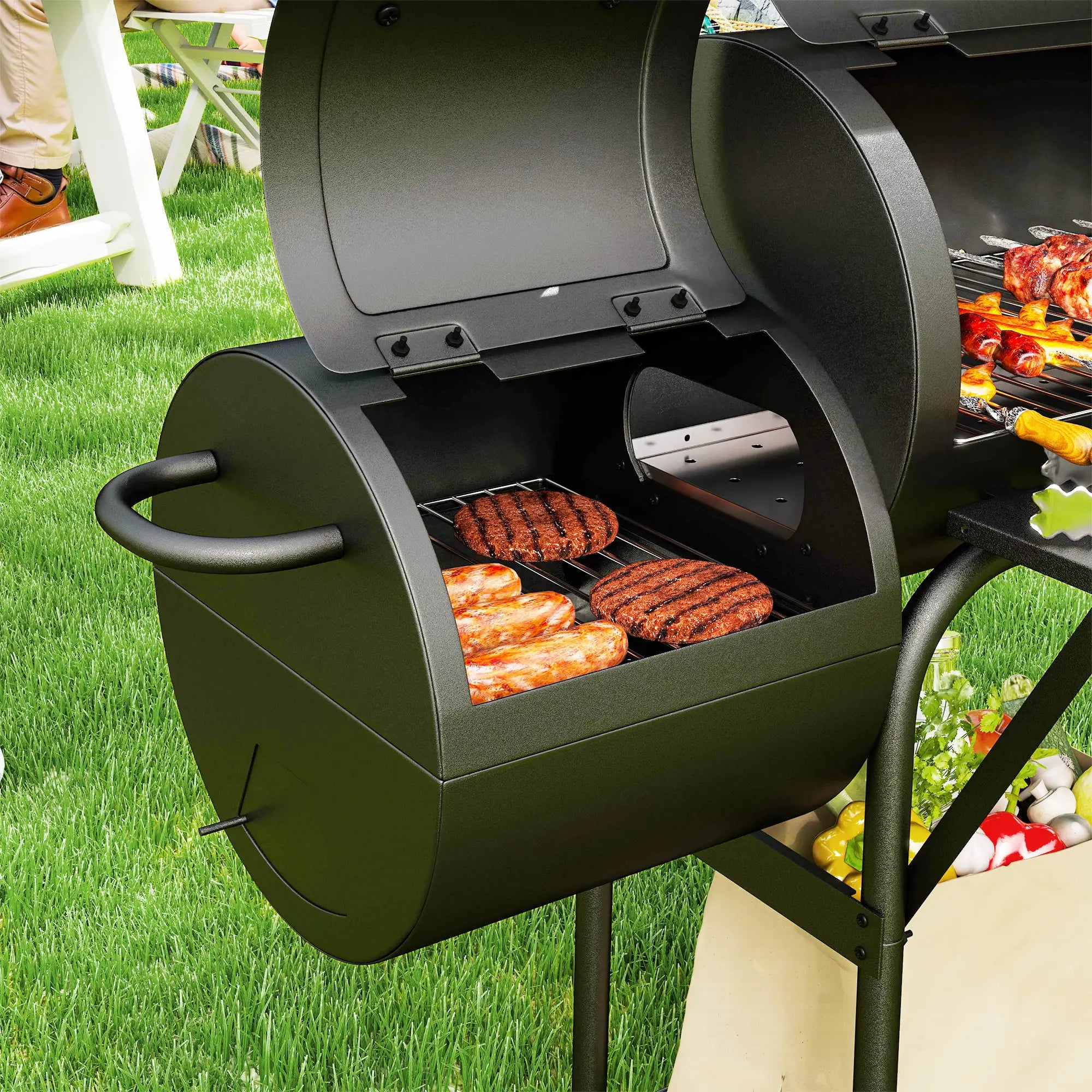 Portable Charcoal BBQ Grill With Offset Smoker, 2 Shelves, Thermometer, Wheels, Black Charcoal BBQ Grils at Gallery Canada